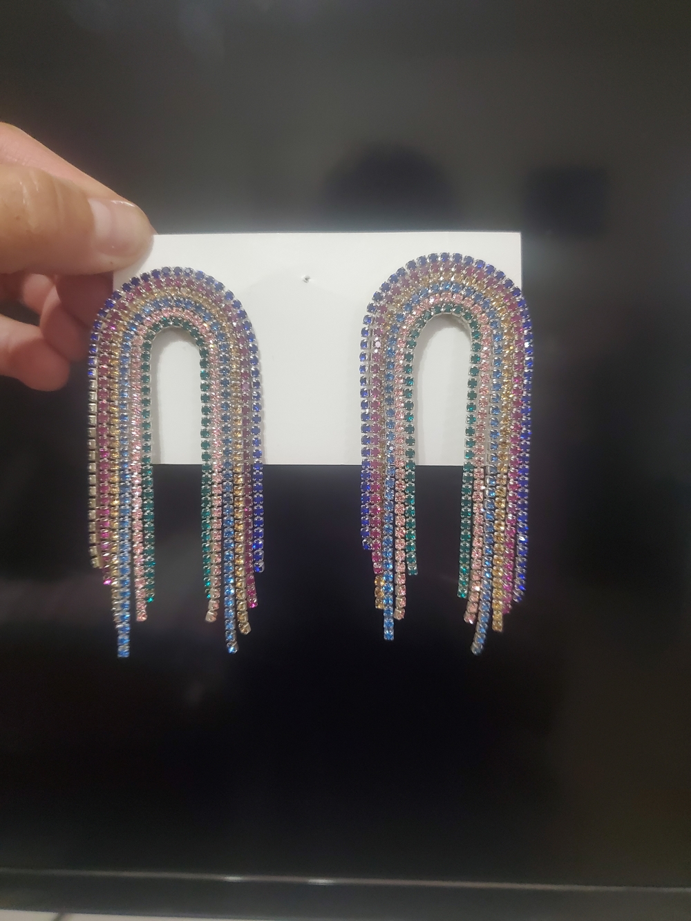 Multicolor Rhinestone U-Shape Fringe Earrings - Women Jewelry